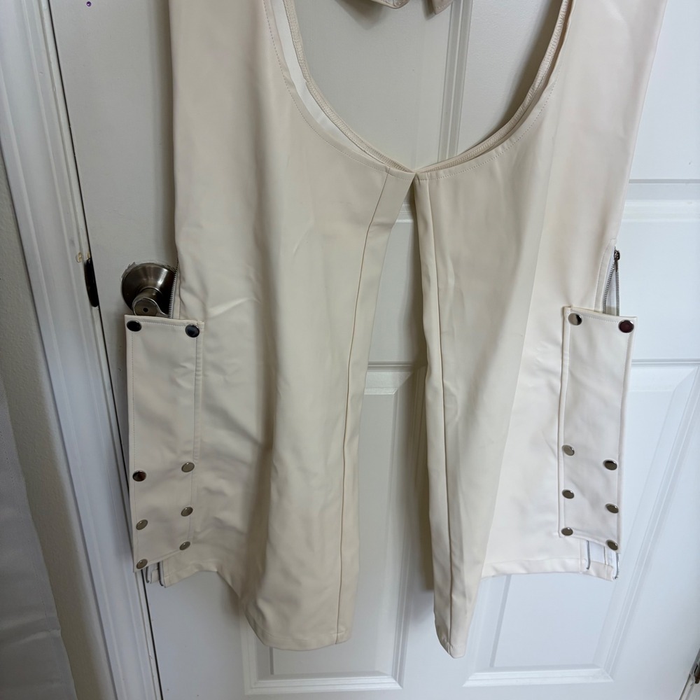 Cream Faux Leather 3 Piece Festival Set Corset Top Shorts and Chaps Cream - Picture 4 of 8